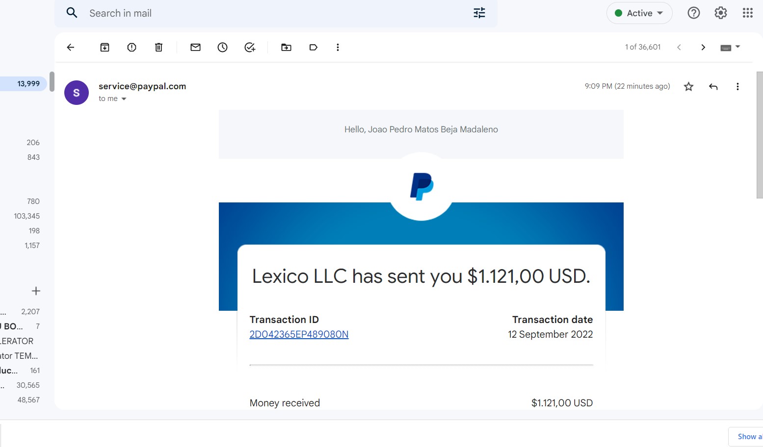 PayPal payment received screenshot