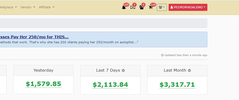 WarriorPlus dashboard earnings screenshot