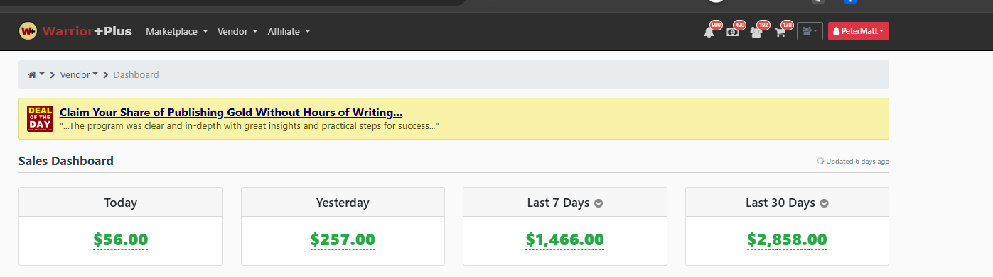 WarriorPlus vendor sales dashboard screenshot