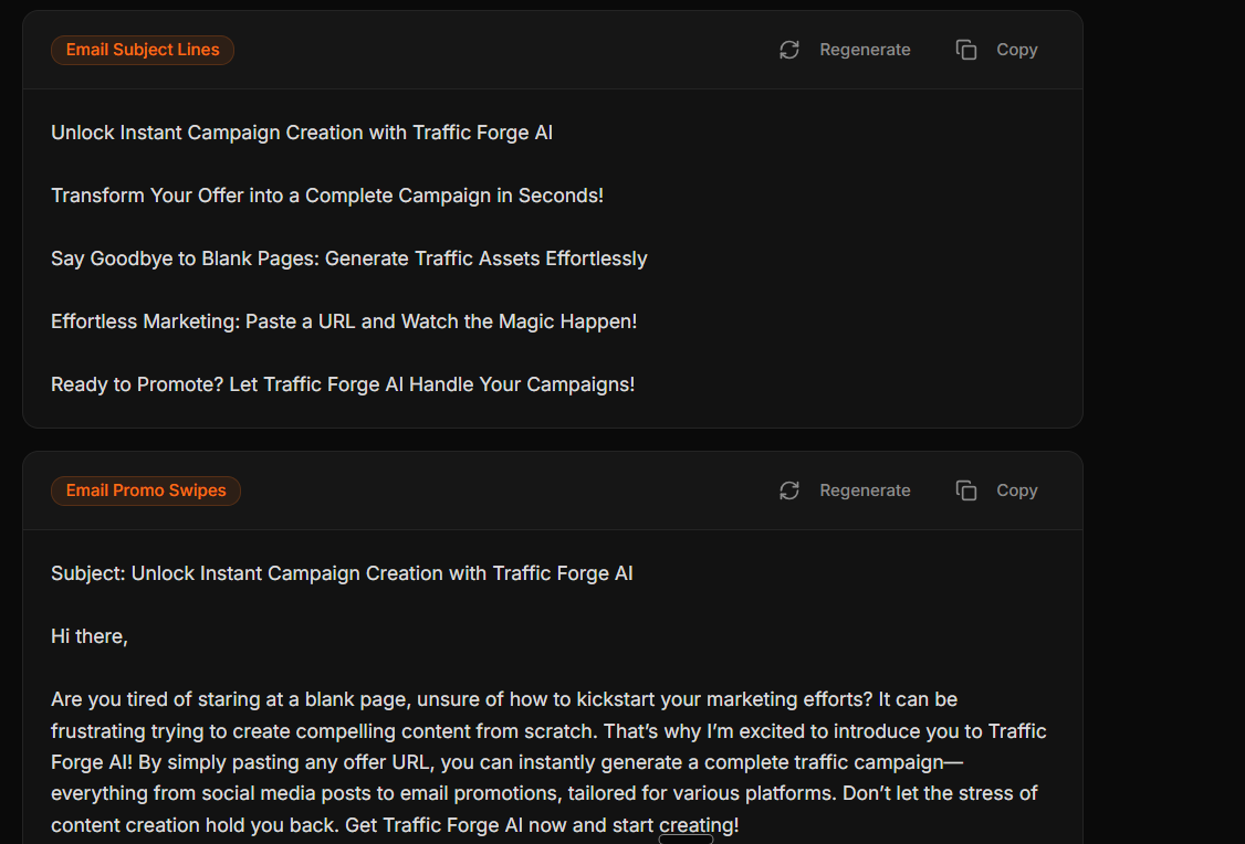 TrafficForge AI Email promo output example
